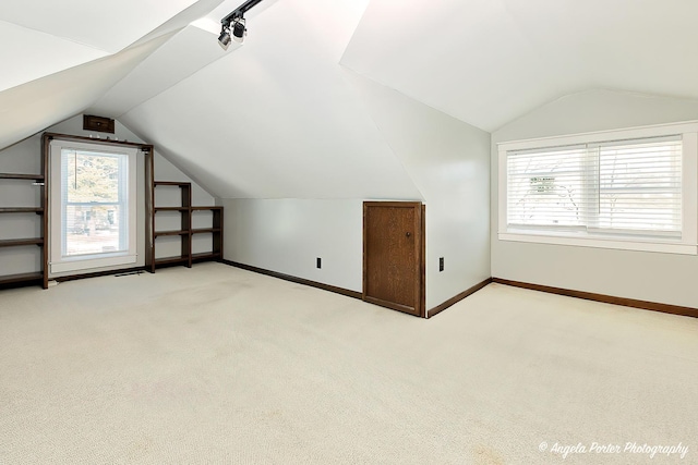 additional living space featuring light colored carpet and vaulted ceiling