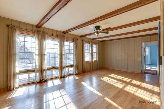 empty room with beamed ceiling, ceiling fan, light hardwood / wood-style floors, and wood walls