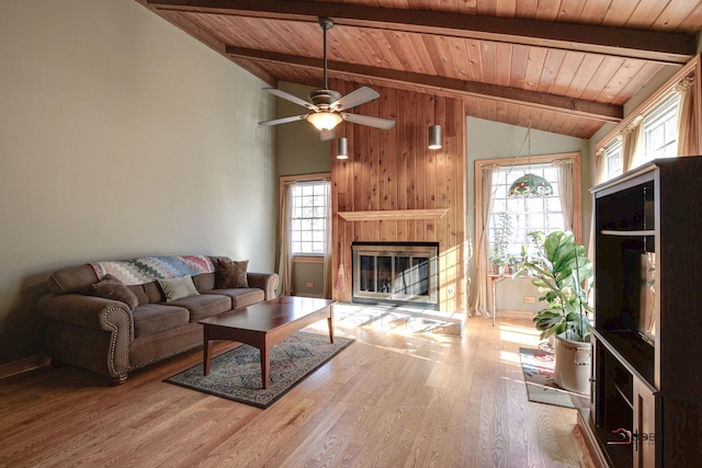 living room featuring beamed ceiling, a healthy amount of sunlight, wood-type flooring, and wooden ceiling