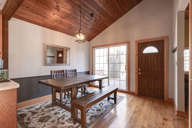 dining space with wood walls, high vaulted ceiling, light hardwood / wood-style flooring, and wooden ceiling