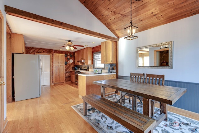 dining room featuring vaulted ceiling, ceiling fan with notable chandelier, wood walls, light hardwood / wood-style floors, and wooden ceiling