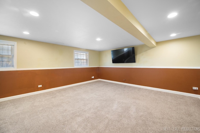 basement with recessed lighting, baseboards, and carpet floors