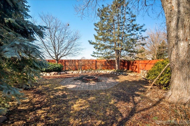 view of yard featuring a fire pit and fence private yard