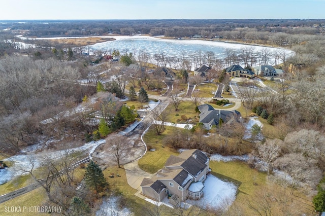 aerial view featuring a water view