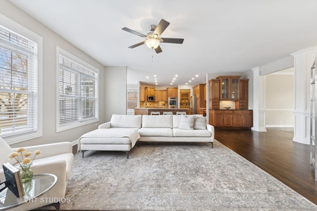 living room with ceiling fan and dark hardwood / wood-style flooring