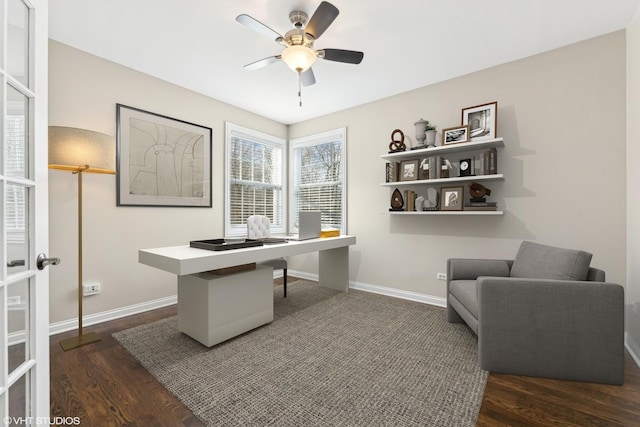 office with dark hardwood / wood-style flooring and ceiling fan