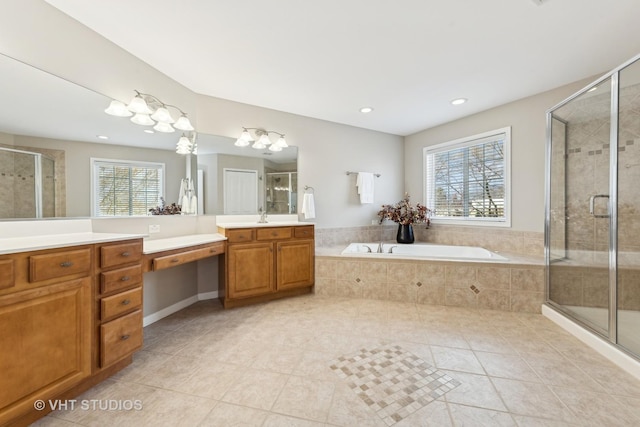 bathroom featuring vanity, separate shower and tub, and tile patterned floors