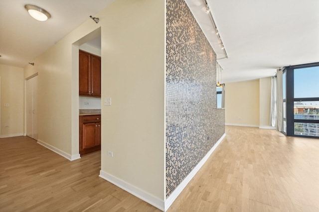 hall with a wealth of natural light, light hardwood / wood-style flooring, and track lighting