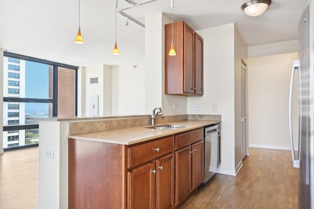 kitchen with pendant lighting, sink, light wood-type flooring, a wall of windows, and stainless steel appliances