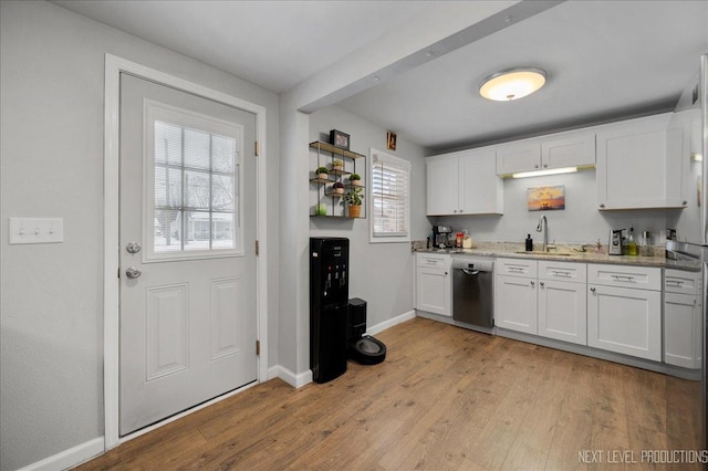 kitchen featuring sink, stainless steel dishwasher, and white cabinets