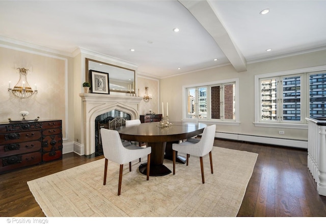 dining area featuring dark wood-type flooring, a baseboard radiator, ornamental molding, and beamed ceiling