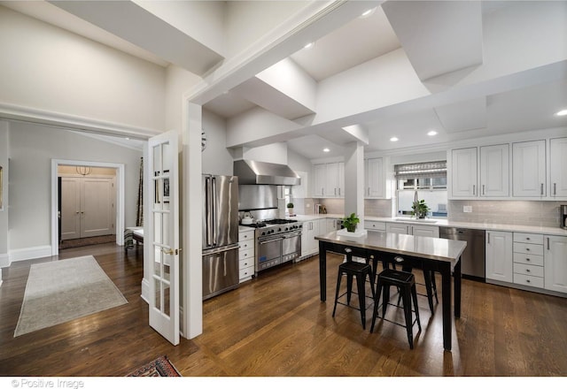 kitchen featuring wall chimney exhaust hood, tasteful backsplash, high quality appliances, dark hardwood / wood-style flooring, and white cabinets