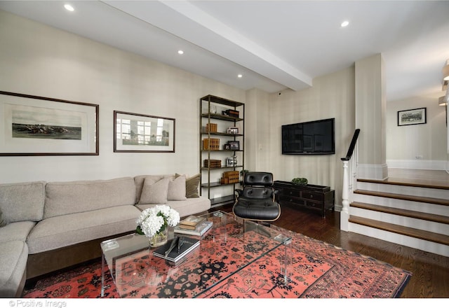 living room featuring dark wood-type flooring