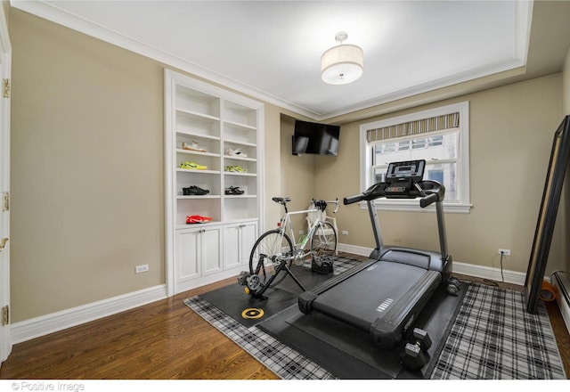 workout area featuring crown molding, built in shelves, and dark wood-type flooring