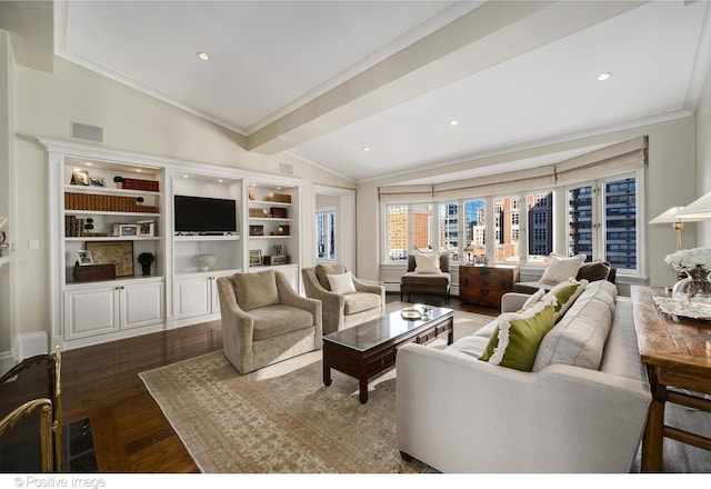 living room with crown molding, dark wood-type flooring, and lofted ceiling with beams