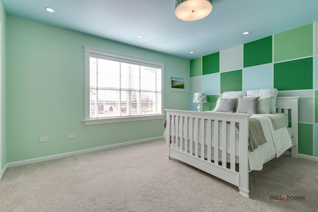 carpeted bedroom with recessed lighting and baseboards