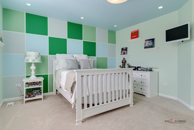 bedroom featuring recessed lighting, carpet flooring, visible vents, and baseboards