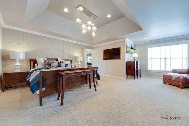 bedroom with baseboards, a raised ceiling, light colored carpet, ornamental molding, and recessed lighting