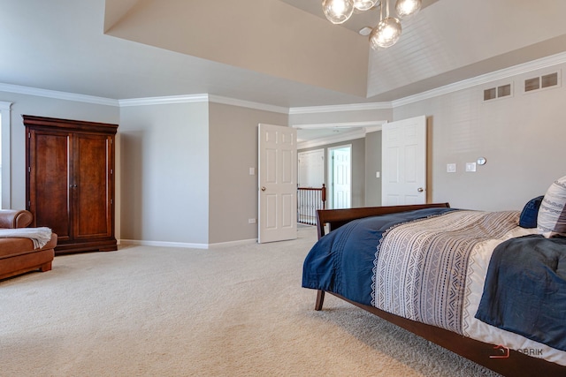 bedroom with light carpet, baseboards, visible vents, and crown molding