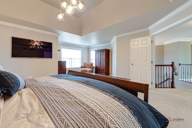 carpeted bedroom featuring crown molding and a notable chandelier