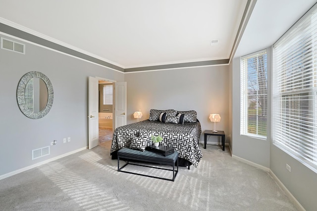 carpeted bedroom featuring crown molding and multiple windows