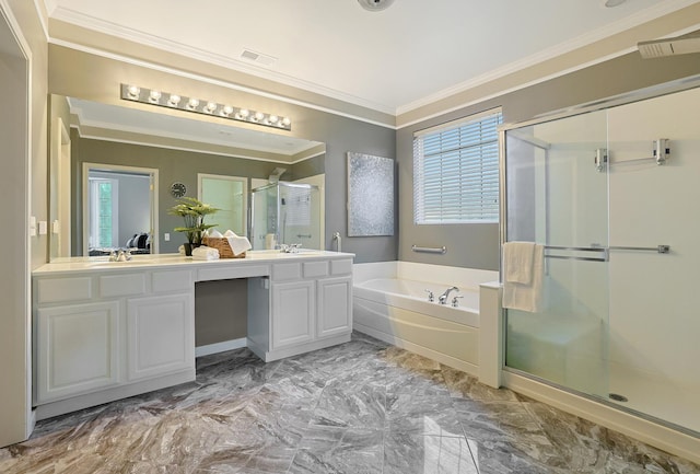 bathroom with independent shower and bath, a wealth of natural light, ornamental molding, and vanity