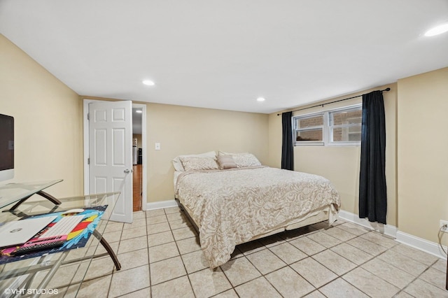 bedroom featuring recessed lighting, light tile patterned flooring, and baseboards