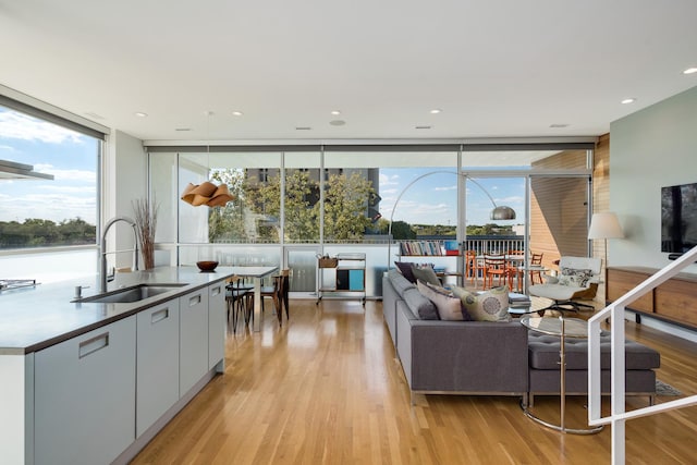 living room featuring expansive windows, sink, and light hardwood / wood-style floors