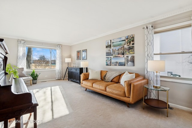 living room with light colored carpet and ornamental molding