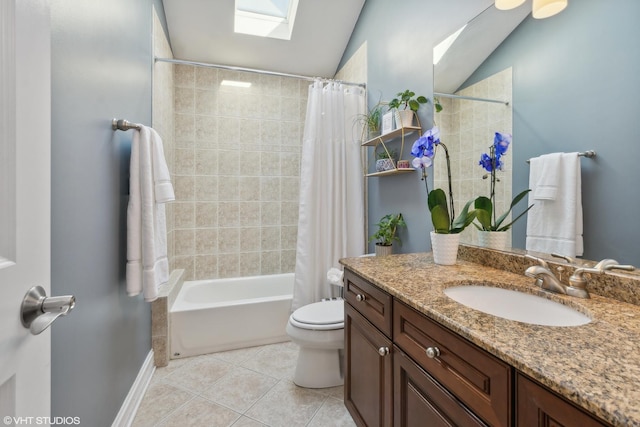 full bathroom featuring shower / bathtub combination with curtain, tile patterned flooring, vanity, toilet, and lofted ceiling with skylight