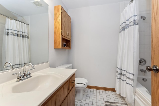 full bathroom featuring vanity, tile patterned floors, toilet, and shower / bathtub combination with curtain