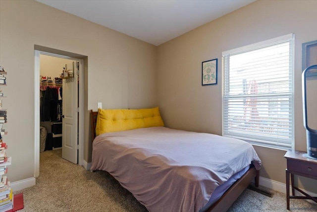 carpeted bedroom with multiple windows, a closet, and a spacious closet