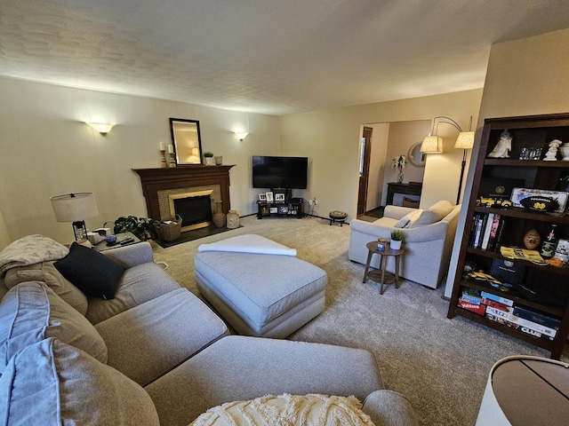 living room with light colored carpet and a textured ceiling