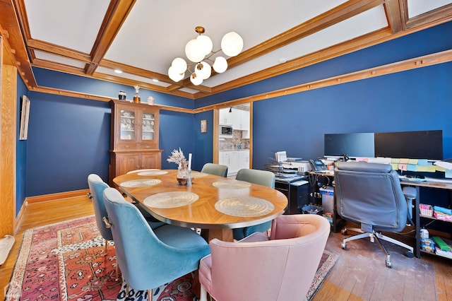 dining space featuring crown molding, beam ceiling, hardwood / wood-style floors, a notable chandelier, and coffered ceiling