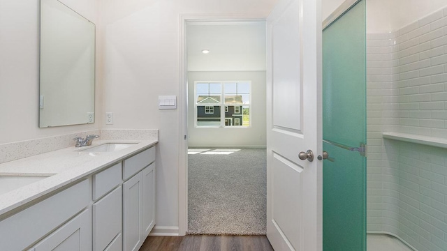 bathroom with hardwood / wood-style flooring and vanity