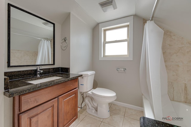 full bathroom featuring lofted ceiling, shower / bathtub combination with curtain, tile patterned flooring, vanity, and toilet