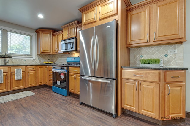 kitchen featuring dark stone counters, dark hardwood / wood-style floors, appliances with stainless steel finishes, and backsplash