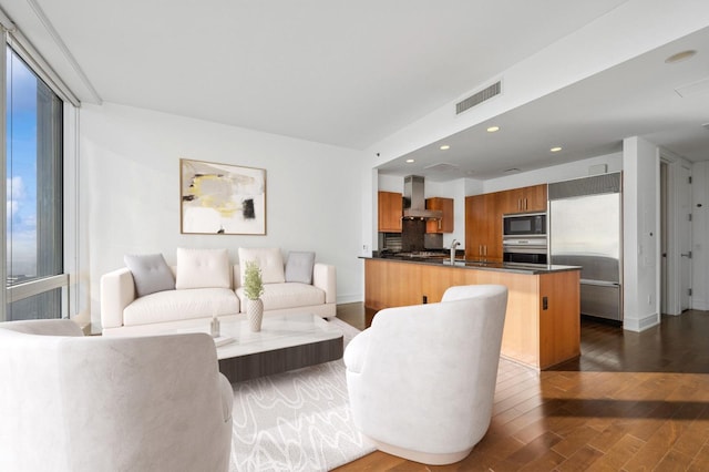 living room featuring sink and dark wood-type flooring