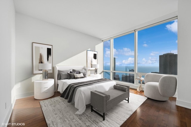 bedroom with hardwood / wood-style floors, a water view, and floor to ceiling windows