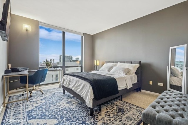 carpeted bedroom with floor to ceiling windows