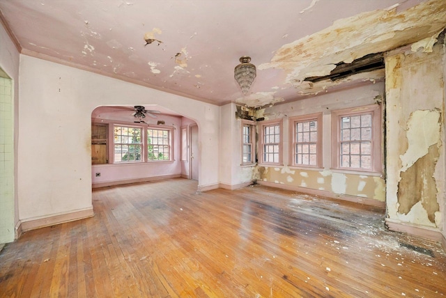 interior space featuring crown molding, hardwood / wood-style flooring, and ceiling fan