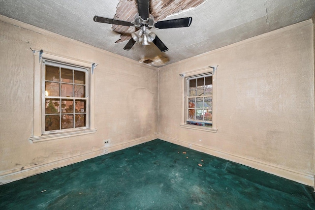 carpeted spare room featuring ceiling fan