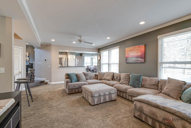 carpeted living room featuring ceiling fan and ornamental molding