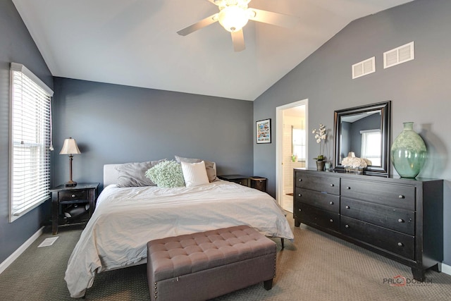 bedroom featuring carpet floors, ceiling fan, and vaulted ceiling