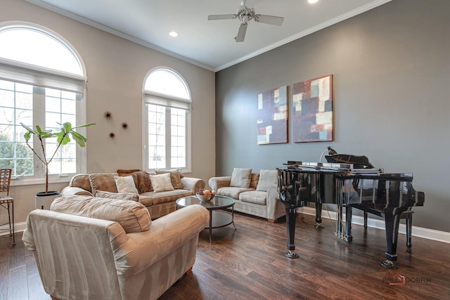 living room featuring ornamental molding, dark hardwood / wood-style floors, and ceiling fan