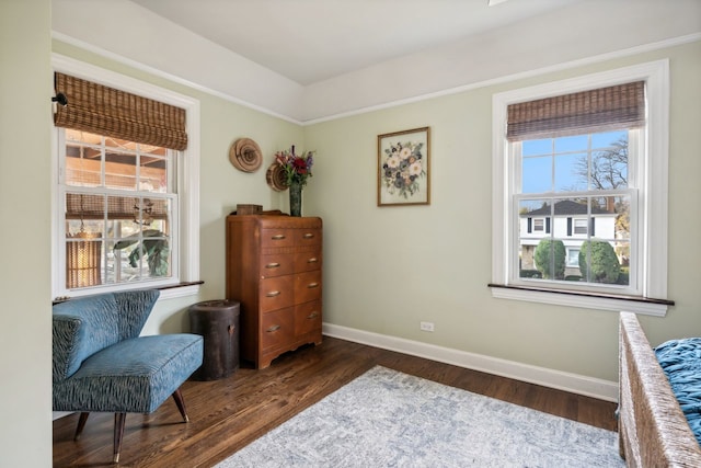 living area featuring a healthy amount of sunlight and dark hardwood / wood-style floors