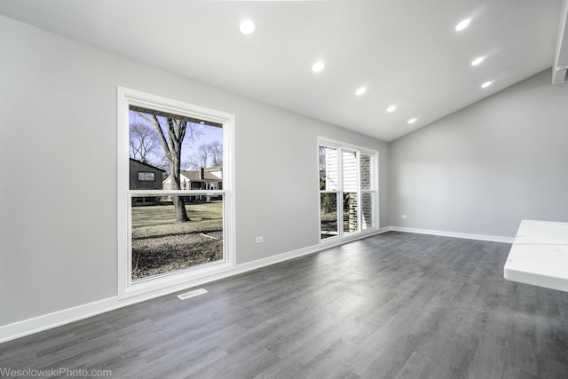 spare room with lofted ceiling and dark hardwood / wood-style flooring