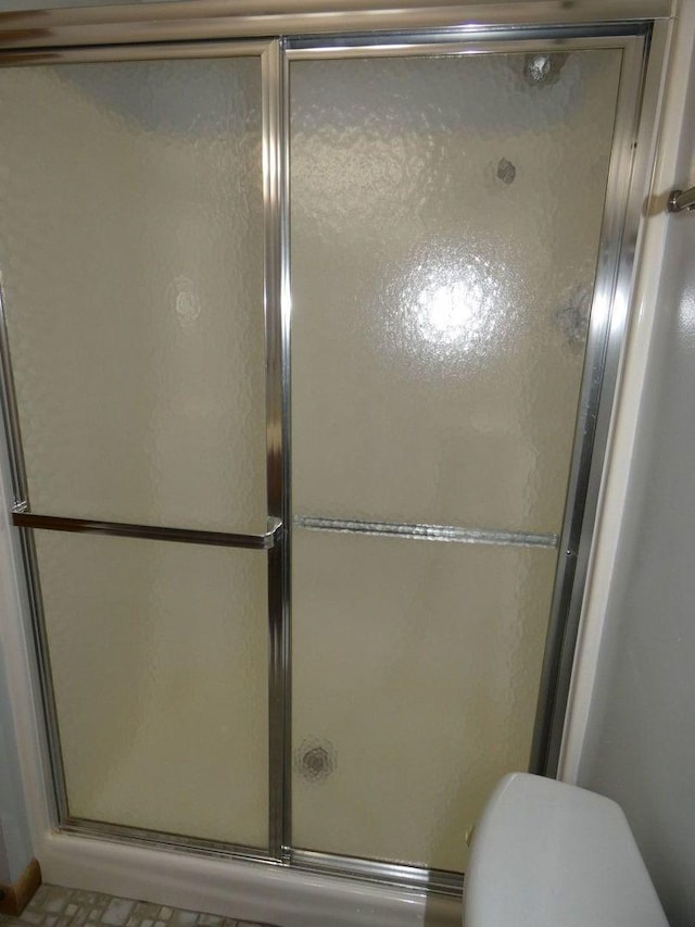 bathroom featuring toilet and a shower with shower door