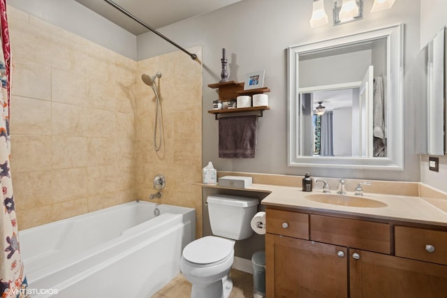 full bathroom featuring vanity, shower / bathtub combination with curtain, and toilet