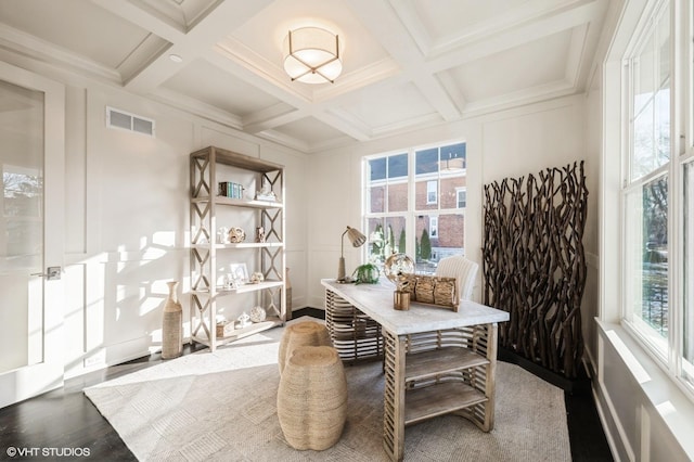 interior space featuring hardwood / wood-style floors, crown molding, beam ceiling, and coffered ceiling